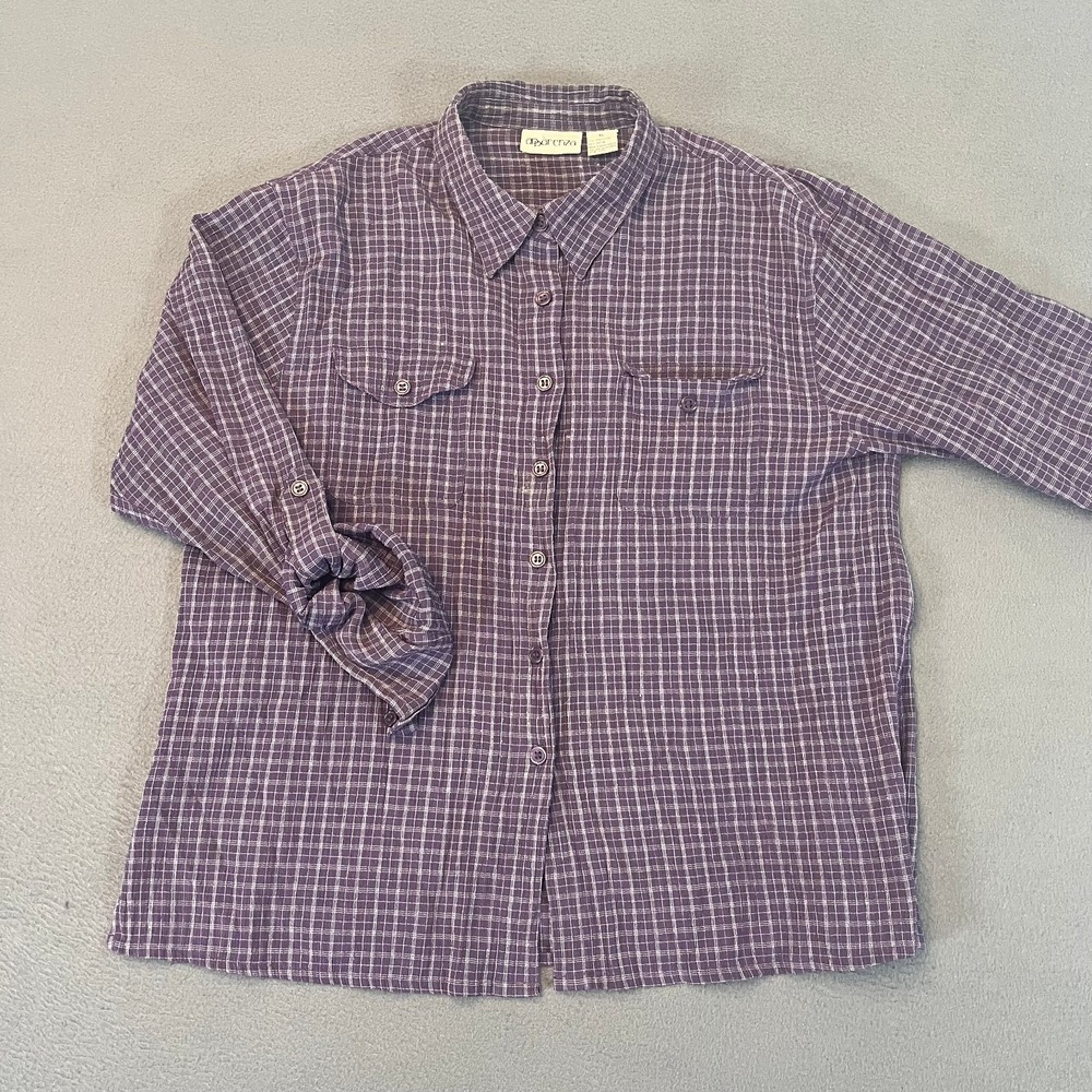 Apparenza Womens XL Button Up Shirt Purple Plaid‎ Check LS Pocket Roll Up Sleeve